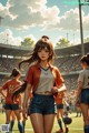 A group of young women standing on top of a soccer field.