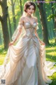 A woman in a wedding dress standing in the woods.