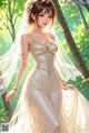 A woman in a wedding dress standing in the woods.